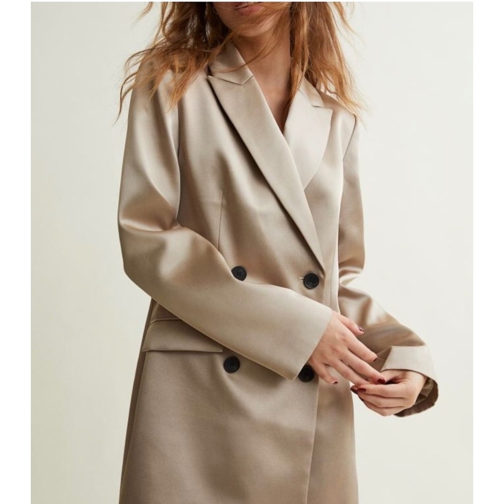 H&M Satin Double Breasted Blazer Mini Dress Champagne Taupe Beige Women Size M